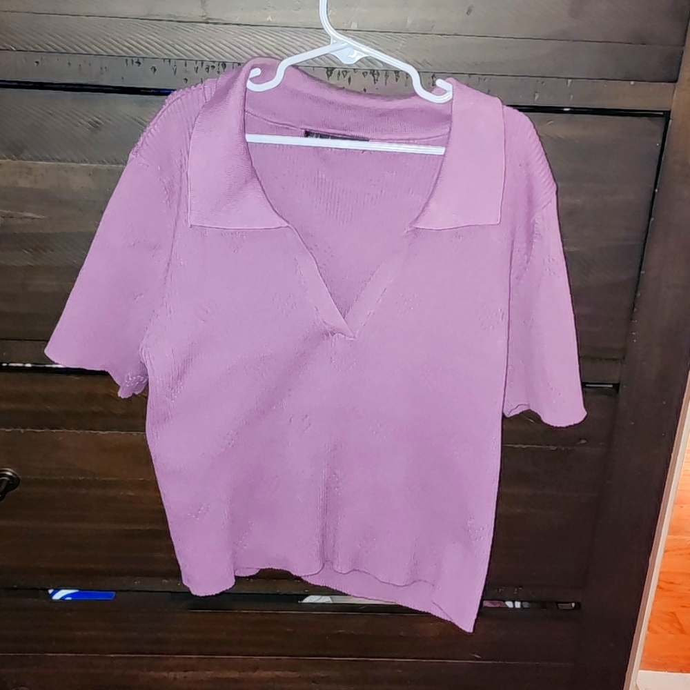 Cute purple Nikkak top with embroidered hearts, v-neck and color, medium.